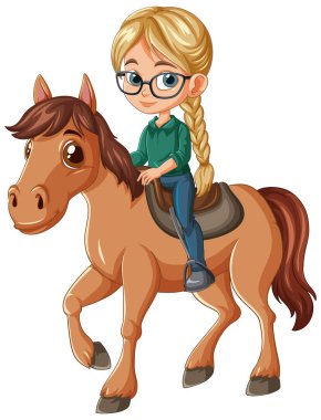 Sarışın kız dost canlısı kahverengi bir ata biniyor.