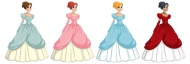 Farklı renkte elbiseli dört prenses.
