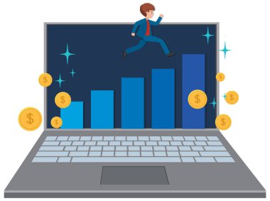 İşadamı dizüstü bilgisayarda çubuk grafiğine tırmanıyor