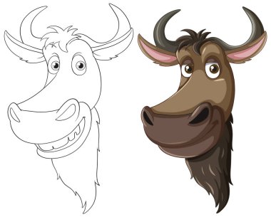 Boynuzlu ve sakallı gülümseyen çizgi film hayvanı.