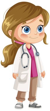 Steteskoplu ve laboratuvar önlüklü karikatür kızı doktor.