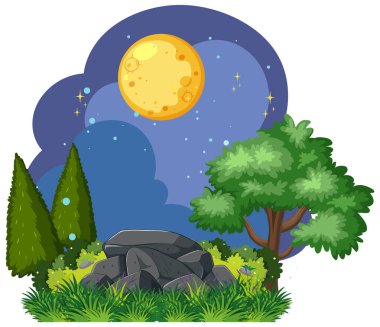 Ağaçların ve kayaların olduğu gece sahnesi