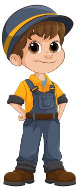 İnşaat üniforması giymiş gülümseyen bir çocuk.