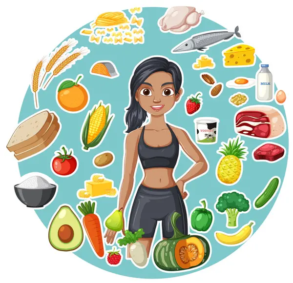 stock vector Woman surrounded by various healthy food items