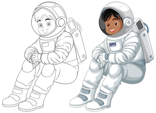 Two kids in astronaut suits, one colored