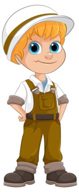 İnşaat malzemeleri ve miğfer takan gülümseyen çocuk.