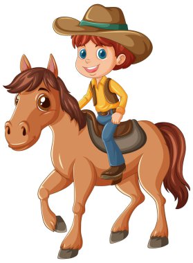 Kahverengi atın üstünde gülümseyen çocuk