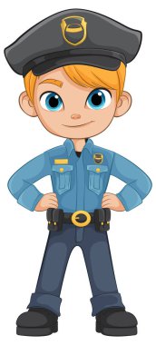 Üniformalı gülümseyen polis memuru, eller kalçada.