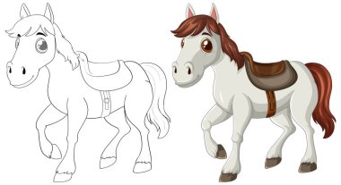 Eyerli, renkli ve özeti çizilmiş sevimli bir at.