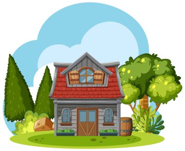 Ağaçlar ve doğa ile çevrili rahat bir ev.