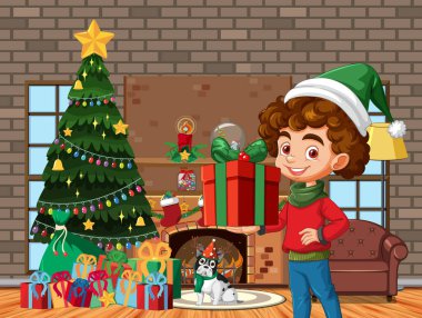 Süslü Noel ağacının hediyesini tutan çocuk