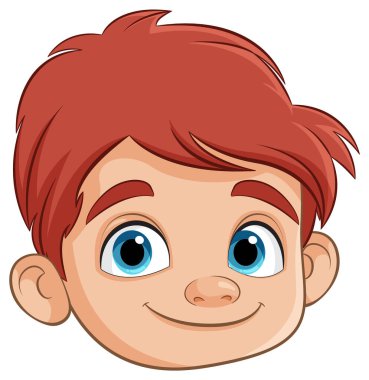 Mavi gözlü çizgi film çocuğu gülümsüyor.