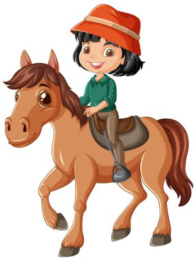 Dost bir ata binen gülümseyen çocuk.