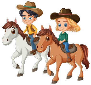 İki çocuk birlikte ata biniyor.