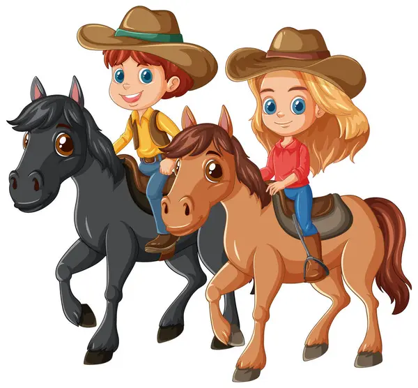 Stock vector Two kids happily riding horses outdoors