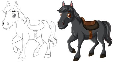 Eyerli, renkli ve özeti çizilmiş sevimli bir at.