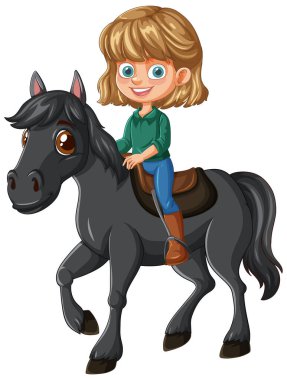 Siyah ata binen mutlu çocuk.