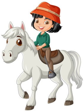 Mutlu çocuk beyaz ata biniyor.