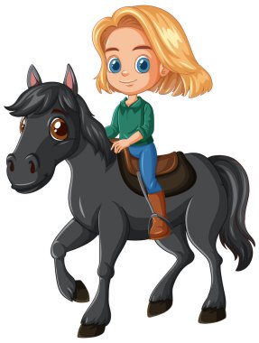 Dost canlısı siyah bir ata binen sarışın çocuk.