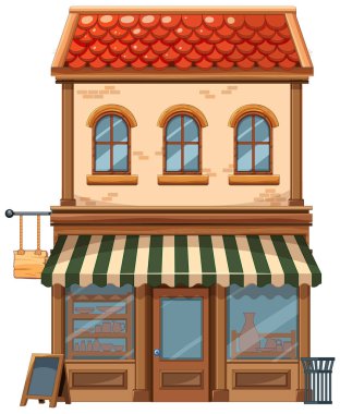 Çizgili tenteli ve kırmızı çatılı rahat bir dükkan.