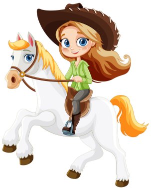 Genç kız mutlu bir şekilde beyaz ata biniyor.