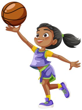 Kız sevinçle basketbol oynuyor, orta atlama