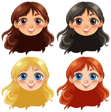 Farklı saç renginde dört çizgi film kızı yüzü.
