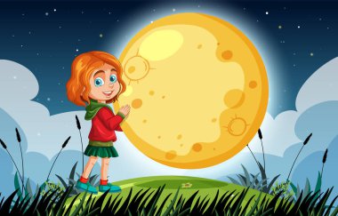 Bir çocuk parlak dolunaya bakıyor.