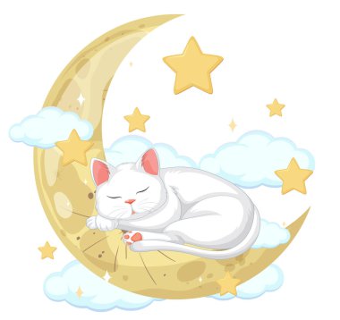 A peaceful cat rests on a crescent moon clipart