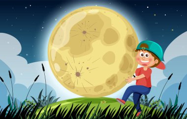 Bir çocuk sevinçle parlayan aya uzanır