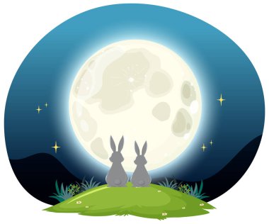 İki tavşan parlayan dolunayın altında oturur.