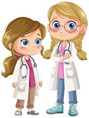 Steteskoplu doktor gibi giyinmiş iki kız.