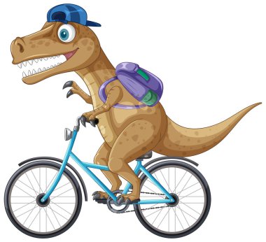 Sırt çantasıyla bisiklet süren bir dinozor.