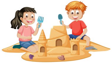 İki çocuk birlikte kumdan kaleler inşa ediyor.