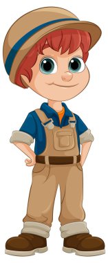 Tulum ve şapka giymiş, gülümseyen çocuk.