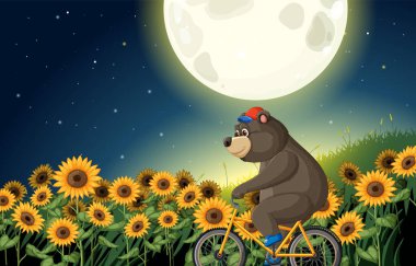 A bear rides a bike through sunflowers at night clipart