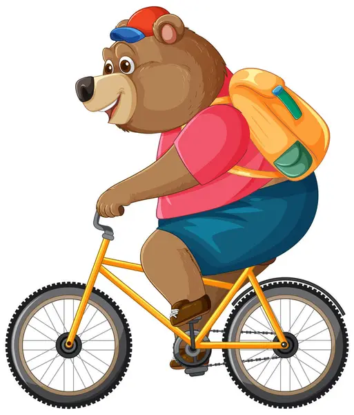 Çizgi film ayısı turuncu bir sırt çantasıyla bisiklet sürüyor.