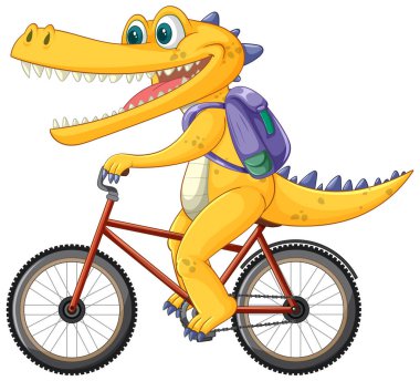 Neşeli timsah mor bir sırt çantasıyla bisiklet sürüyor.