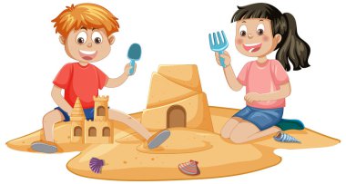 Kum ve oyuncaklarla oynayan iki çocuk