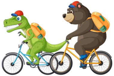 Bir dinozor ve ayı birlikte bisiklete biniyor.