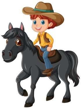 Siyah atın üstünde gülümseyen bir çocuk.