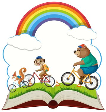 Hayvanlar çimenli bir kitapta bisiklete binerler.