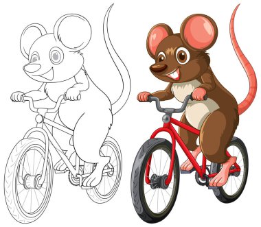 Kırmızı bir bisiklette bisiklet süren neşeli bir fare