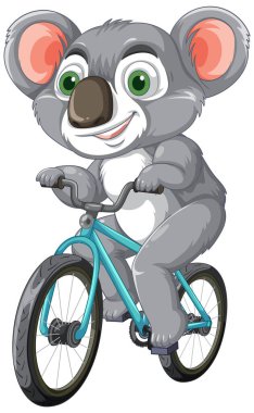 Şirin koala mavi bir bisikletle mutlu bir şekilde bisiklet sürüyor.