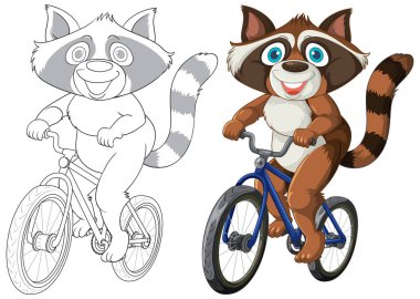 Renkli rakun mavi bir bisikletle mutlu bir şekilde bisiklet sürüyor.