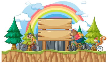 Three animals cycling in a colorful landscape clipart