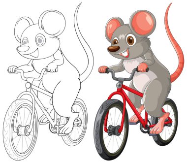 Kırmızı bir bisiklette bisiklet süren neşeli bir fare
