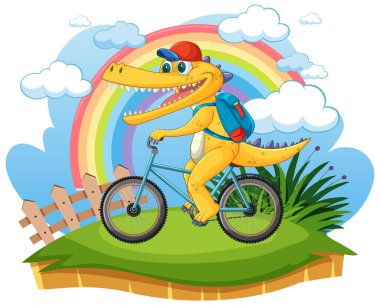 Gökkuşağının altında bisiklet süren neşeli bir dinozor.