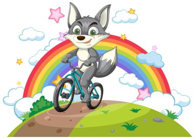 Güneşli bir günde bisiklet süren neşeli bir tilki