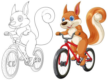 Sevimli sincap mutlu bir şekilde kırmızı bir bisiklete biniyor.